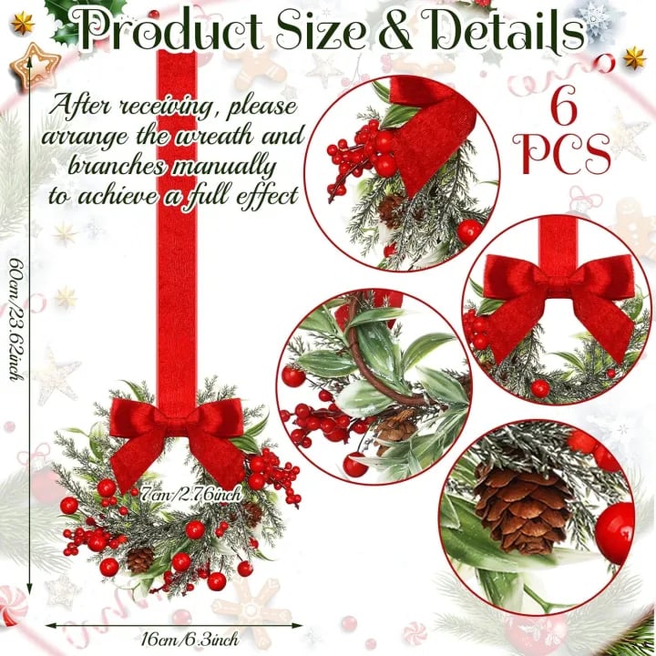 🎅6-Pack Christmas Mini Window Wreaths with Ribbon Bows & Red Berries🎁