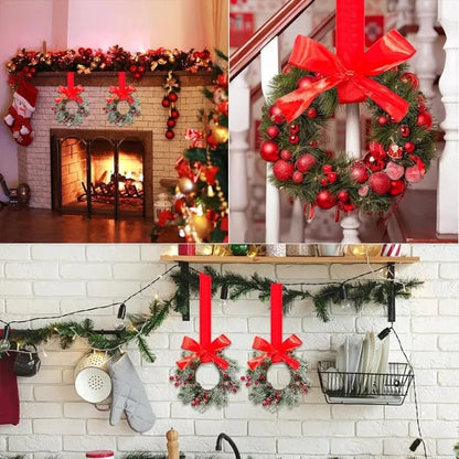 🎅6-Pack Christmas Mini Window Wreaths with Ribbon Bows & Red Berries🎁