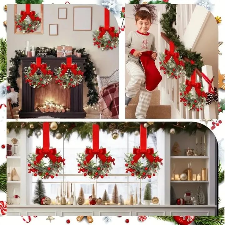 🎅6-Pack Christmas Mini Window Wreaths with Ribbon Bows & Red Berries🎁