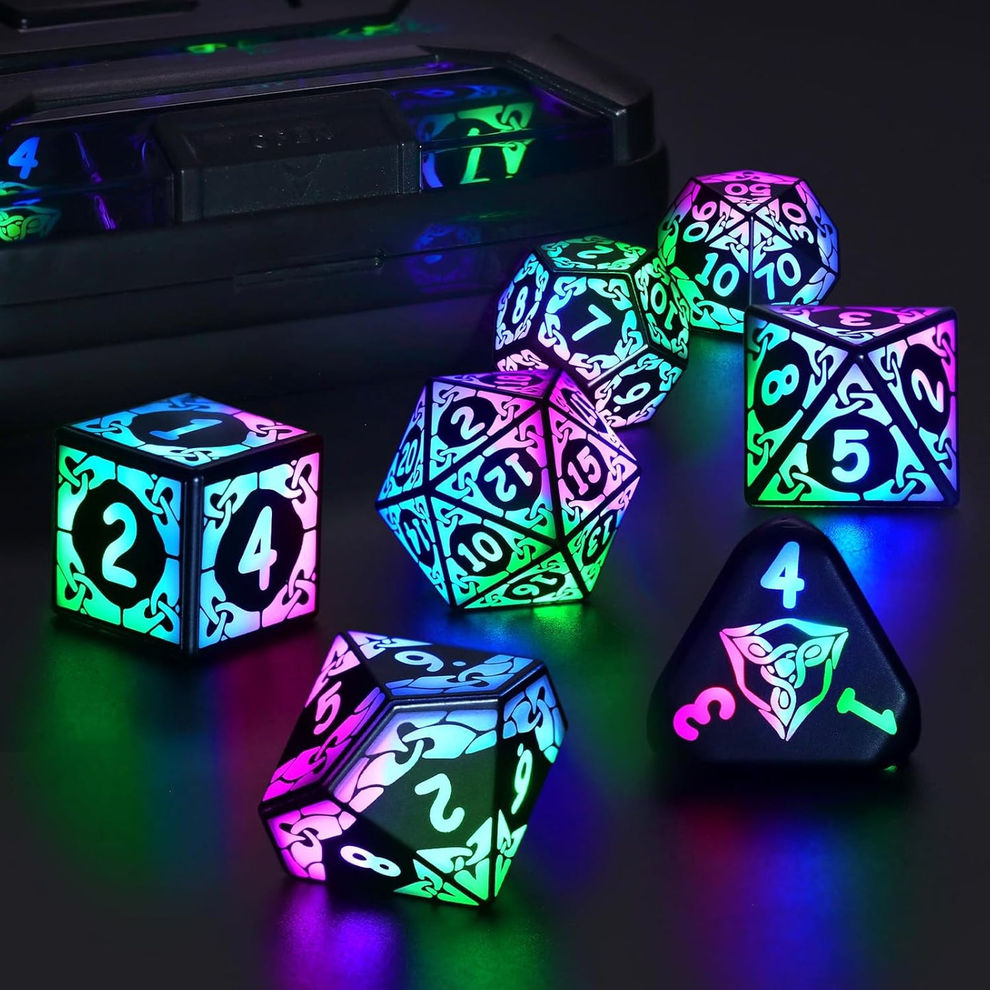 ZHOORQI Rechargeable LED Dice Set - Auto Glow Polyhedral DND Dice with Wireless Charging Case