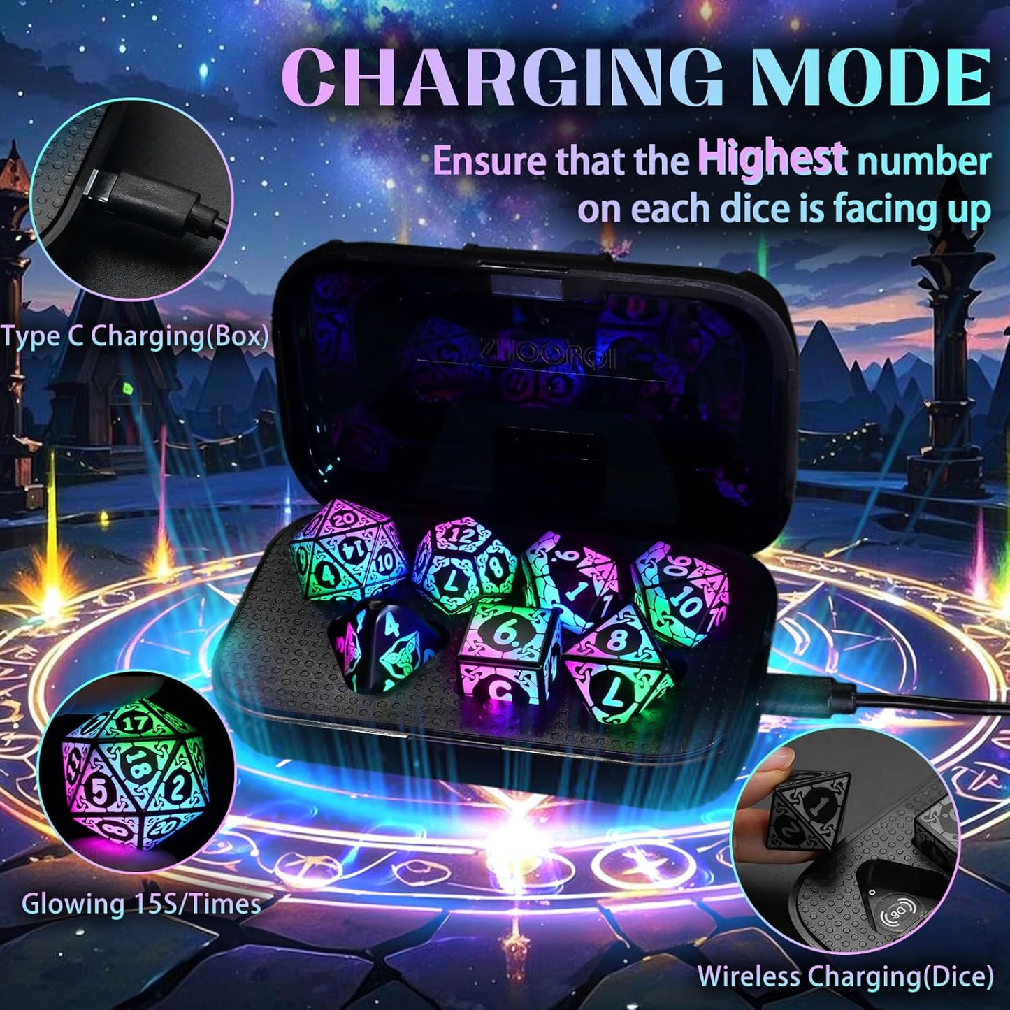 ZHOORQI Rechargeable LED Dice Set - Auto Glow Polyhedral DND Dice with Wireless Charging Case