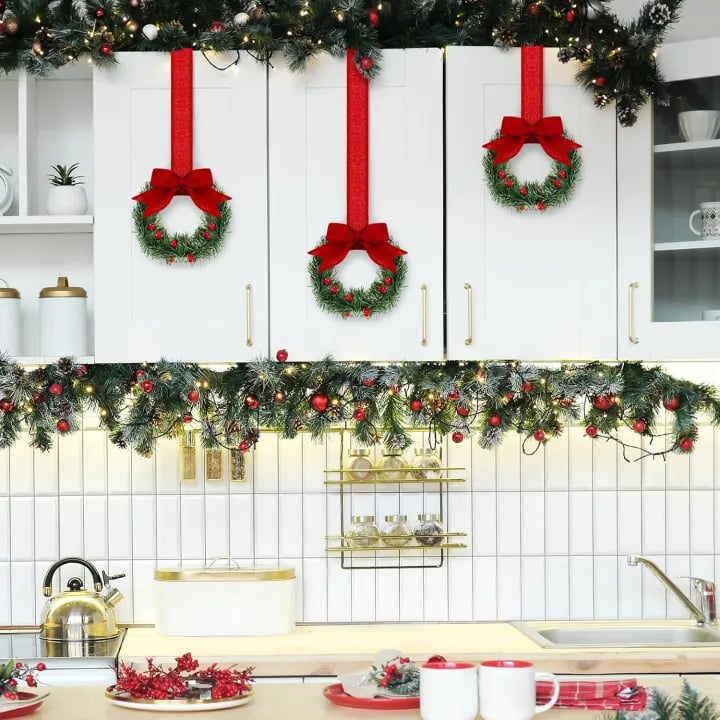 🎅6-Pack Christmas Mini Window Wreaths with Ribbon Bows & Red Berries🎁