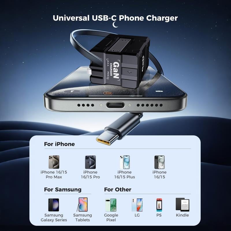 2-in-1 GaN PD3.0 Charger with Retractable Cables（Plug specifications: US standard plug）