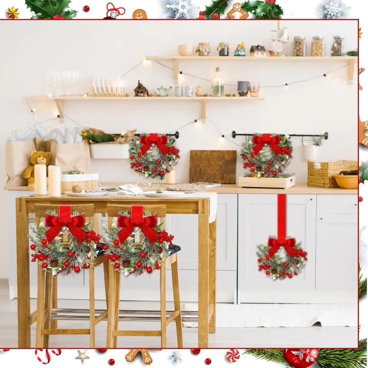 🎅6-Pack Christmas Mini Window Wreaths with Ribbon Bows & Red Berries🎁