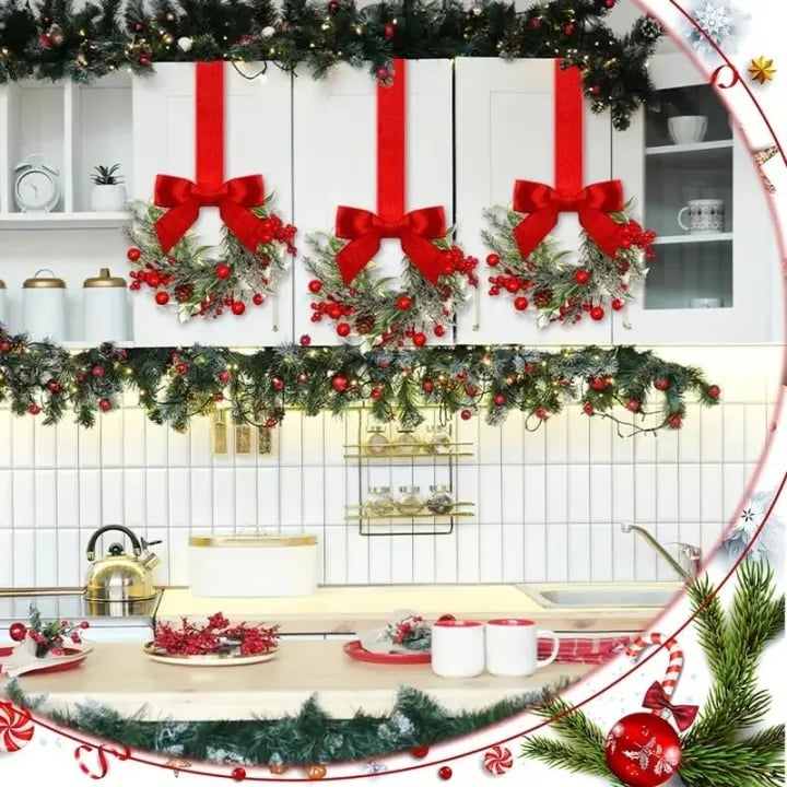 🎅6-Pack Christmas Mini Window Wreaths with Ribbon Bows & Red Berries🎁